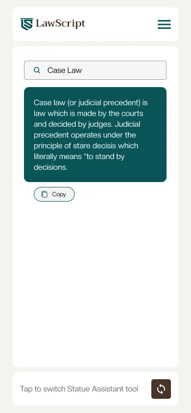 screenshot of lawscript dashboard displaying legal research tools